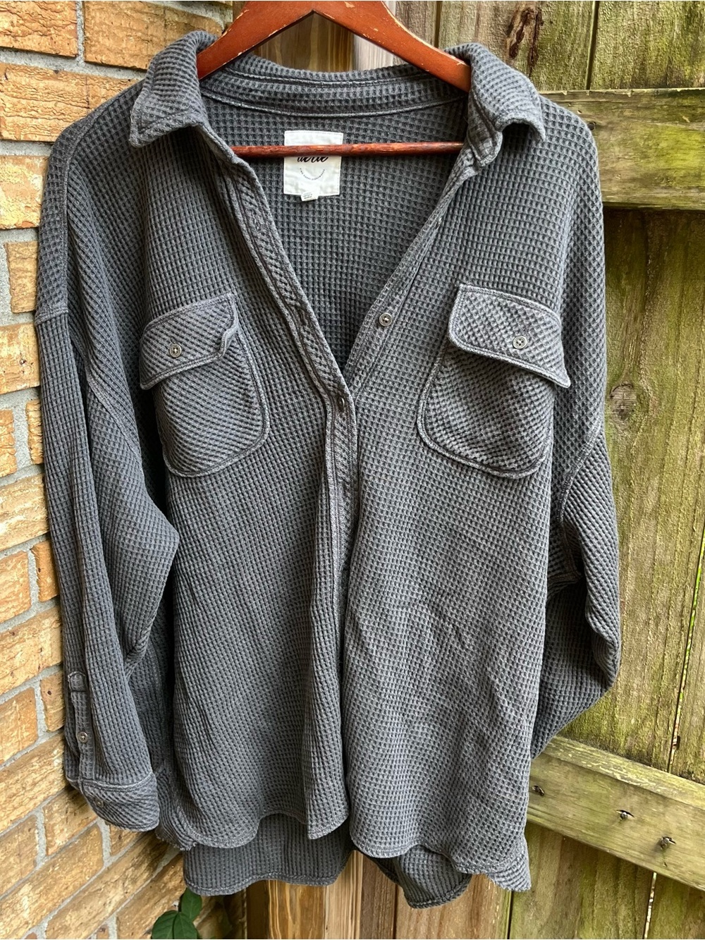 Aerie Oversized LumberJane Charcoal Gray Waffle Button-Down Shirt Jacket